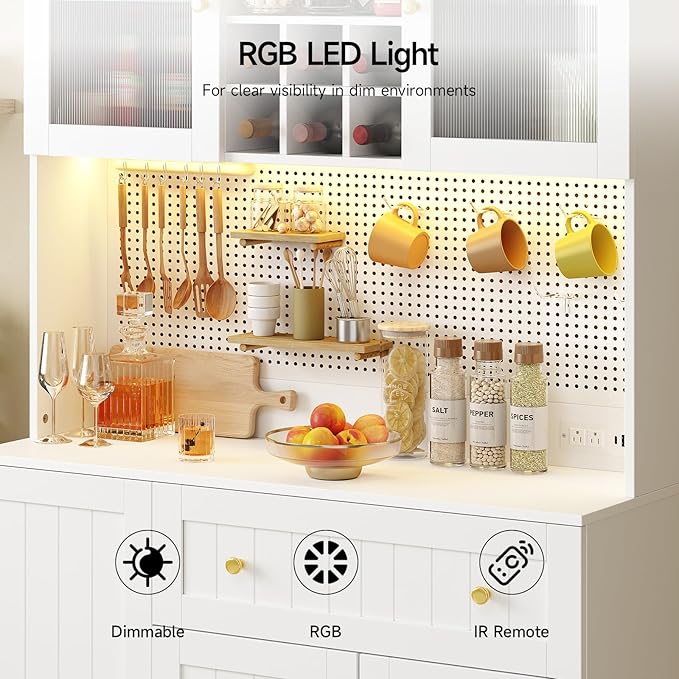 ONBRILL 71" Pantry Storage Cabinet with Microwave Shelf & Door Shelves, Kitchen Wood Pantry with Outlet & LED Light, Kitchen Hutch with DIY Pegboard & 6 Hook, Modern Cabinet with Drawer & Wine Rack