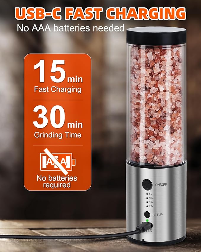 Electric Salt and Pepper Grinder Set, 1-Pack 240ML Capacity, USB-C Rechargeable 4-Timing Settings, Automatic Salt and Pepper Shakers, One-Handed Operation, Birthday Gifts for Women Mom