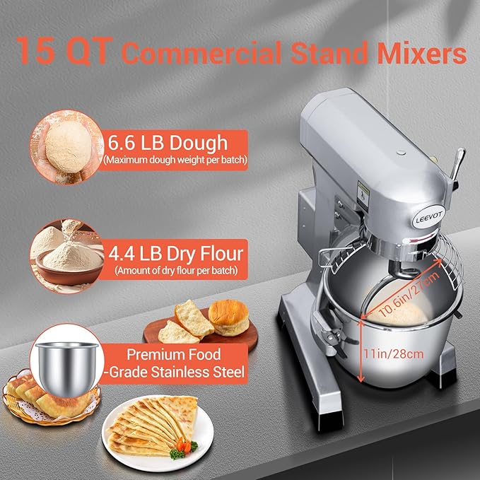 15Qt Commercial Food Mixer with Timing Function, Commercial mixer 3-Speed Adjustable Heavy Duty, Electric Stand Food Mixer with Stainless Steel Bowl for Bakery Pizzeria (Upgraded)