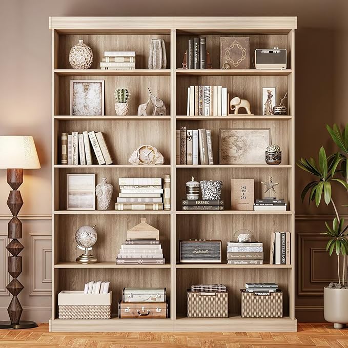 Vyre 70.8" Tall Brown Bookshelf, Farmhouse Modular Bookcase with 6-Tier Adjustable Shelves, Large Storage Cabinet for Home Office, Living Room, Set of 2