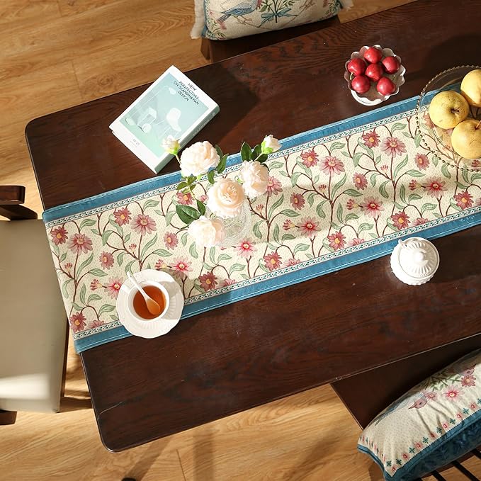 patdrea Designer French Elegant Wild Flowers Velvet Table Runner 118 Inch Long, Beige Pink Floral Table Mat, Decoration for Kitchen Dining Coffee Table Cabinet Banquet Thanksgiving,12"*118"