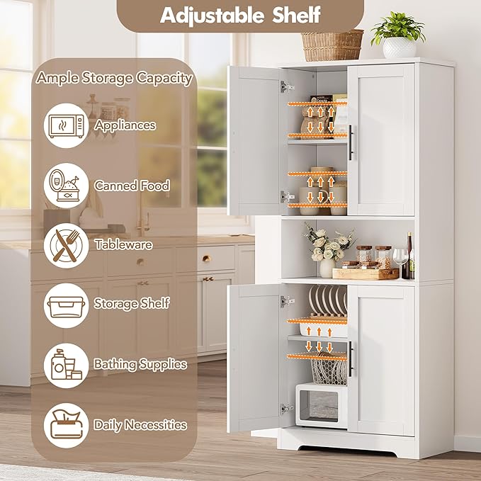IDEALHOUSE Kitchen Pantry Cabinet, 70in Tall Storage Cabinet with Doors and Adjustable Shelves, Freestanding Cupboard for Living Room, Dining Room, Bathroom (White)