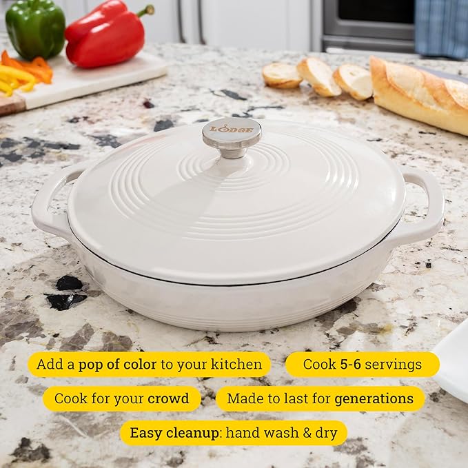 Lodge 3.6 Quart Enameled Cast Iron Oval Casserole With Lid??Dual Handles ??Oven Safe up to 500째 F or on Stovetop - Use to Marinate, Cook, Bake, Refrigerate and Serve ??Oyster White