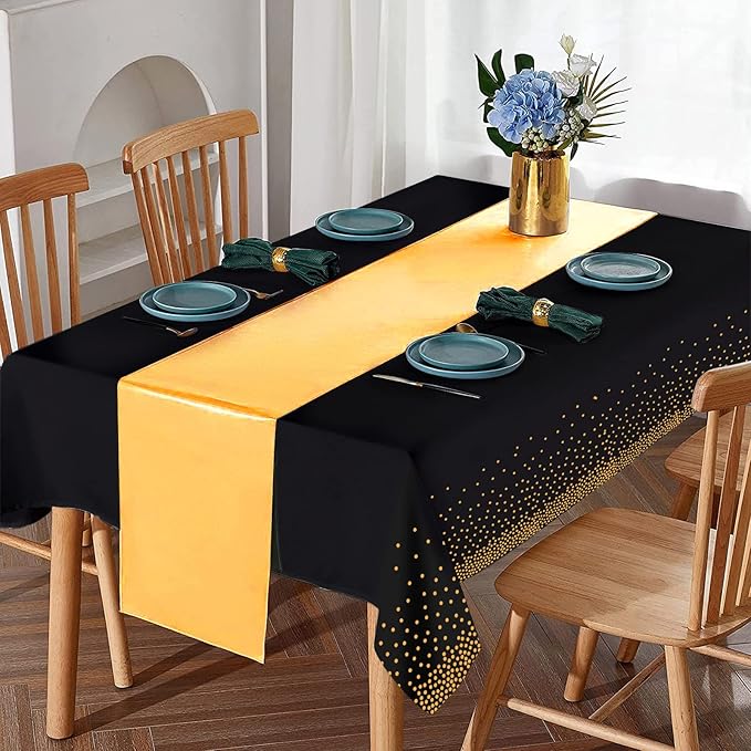 16Pack Disposable Plastic Tablecloths and Satin Table Runner Set Black Gold Dot Table Cloth Gold for Graduation Wedding Birthday Baby Shower Anniversary Holiday Party Decorations