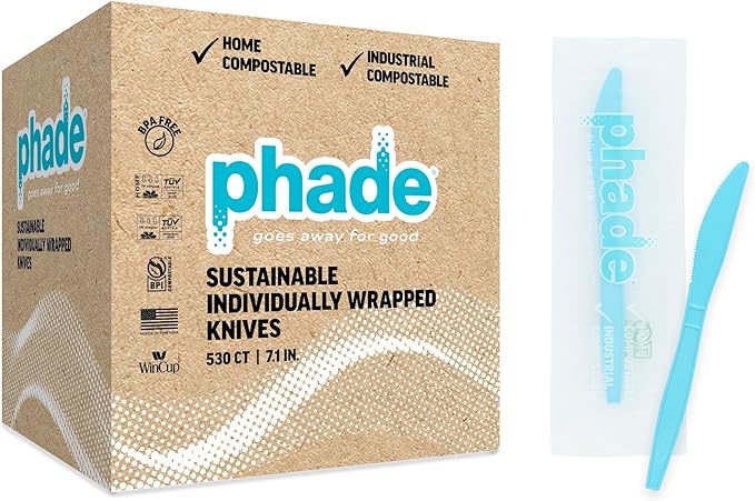 phade 100% Compostable Knives ??BPI Certified Wrapped Cutlery in Compostable Packaging, 530 Bulk Count, 7.1 Inch Sustainable Disposable Utensils for Events, Takeout, Home ??Made in USA