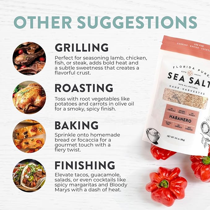 FLORIDA PURE Habanero Sea Salt - 80+ Mineral Sea Salt, Natural, Unrefined, Non Iodized - for Baking, Cooking, Seasoning & Enhancing Taste - Rich Taste Flaky Sea Salt (3 oz Pouch)
