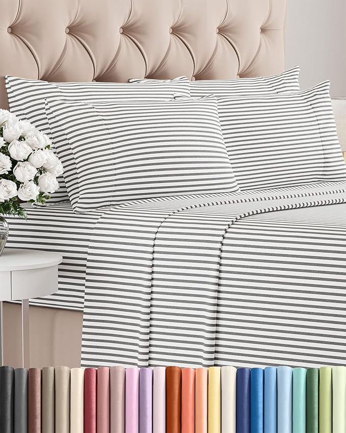 King 6 Piece Sheet Set - Cooling & Breathable Bed Sheets - Hotel Luxury Bed Sheets for Women, Men, Kids & Teens - Bedding w/Deep Pockets & Easy Fit - Soft & Wrinkle Free - King Grey Stripes Sheets