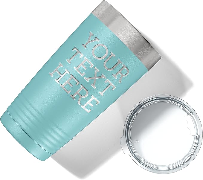 Personalized 20oz (17 Colors) Powder Coated Insulated Stainless Steel Tumbler with Lid, Custom Etched, Customized Text Message Name, Engraved Gift Idea Women Men Him Her, Your Text Here (Teal)
