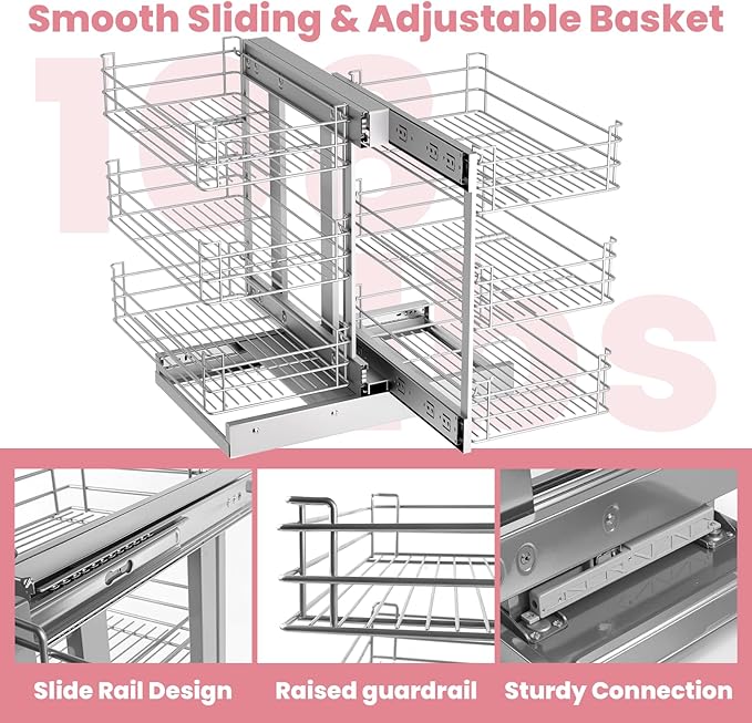 Vohala Blind Corner Cabinet Pull Out Shelf Organizer, 3 Tier Heavy Duty (200LBS), Adjustable, Chrome Steel, for Standard Kitchen Corner Cabinets (24x12.2x23.6 Inch)