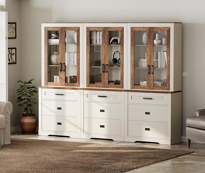 WAMPAT 3 Column 3 Tier Pantry Cabinet with Drawer,73.3" Tall Floor Standing Cupboard,Modern Farmhouse Kitchen Buffet with Adjustable Shelves and Glass Door for Dining Room,Living Room,White Oak