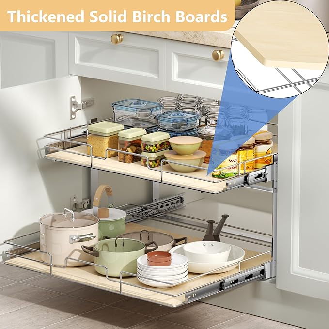 ROOMTEC 2 Tier Individual Pull Out Cabinet Organizer 31쩍"W x 21쩍"D, Slide Out Wood Shelves Organizers, Pull Out Drawers Organization and Storage for Kitchen Cabinet