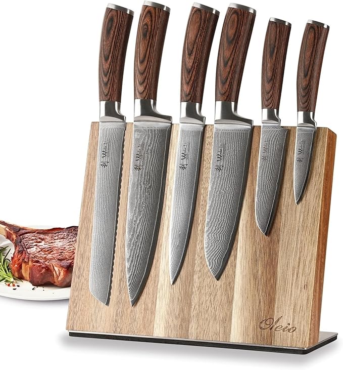 Wakoli EDIB 6-Piece Damascus Knife Block Set ??Professional Kitchen Knives with Magnetic Acacia Block ??Kitchen Knife Set made of 67-Layer Damascus Steel Blades & Ergonomic Pakkawood Handles