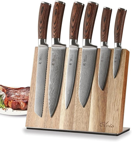 Wakoli EDIB 6-Piece Damascus Knife Block Set ??Professional Kitchen Knives with Magnetic Acacia Block ??Kitchen Knife Set made of 67-Layer Damascus Steel Blades & Ergonomic Pakkawood Handles