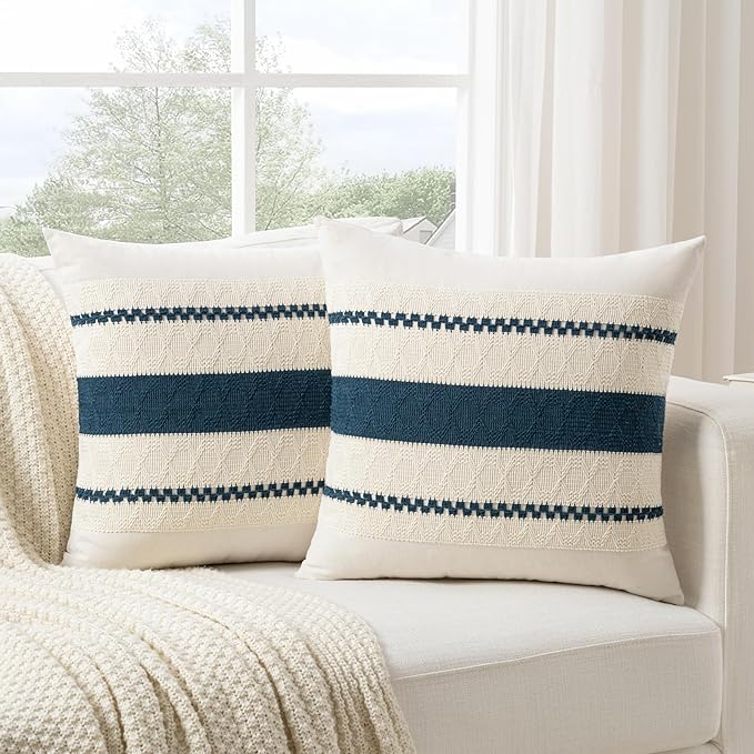 Fancy Homi Set of 2 Boho Teal Decorative Throw Pillow Cover 16x16 Inch for Couch Bed Sofa, Aesthetic Modern Organic Farmhouse Home Decor, Soft Cotton Cute Accent Macrame Woven Cushion Case
