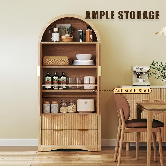 71" Tall Arched Kitchen Pantry, Fluted Pantry Cabinet with Doors, Kitchen Storage Cabinets with 2 Large Drawers and Adjustable Shelves, for Dining Room, Living Room, Natrual