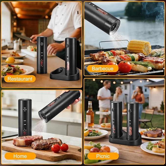 Rechargeable Salt Grinder Set Top-Refill Electric Grinders with Variable Grinding Speed, External Adjustable Coarseness, Black