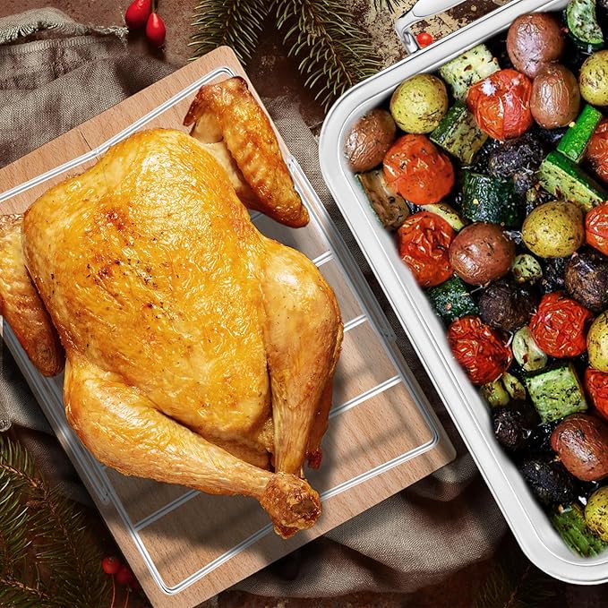Roasting Pan with Cooling Rack - Stainless Steel Large Turkey Roaster Pan for Turkey, Chicken, Ham Roaster with V-Shaped Baking Rack Heavy Duty Dishwasher Safe