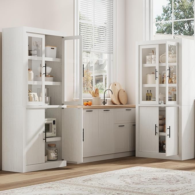 70.45??Tall Farmhouse Kitchen Pantry Cabinet, Wood Storage Cabinet with 4 Doors & Adjustable Shelves, Anti-Tip Design, Sturdy Bookcase for Kitchen/Dining/Office, Rustic White-Glass