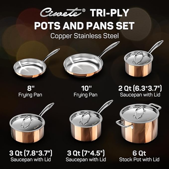 Whole Tri-ply 18/10 Stainless Steel Cookware Set, 10 Pcs Elegant Copper Pots and Pans Set, Induction Cookware, Frying Pans, Saucepans & Stock Pot with Lid, Ideal Gift for Wedding, Housewarming