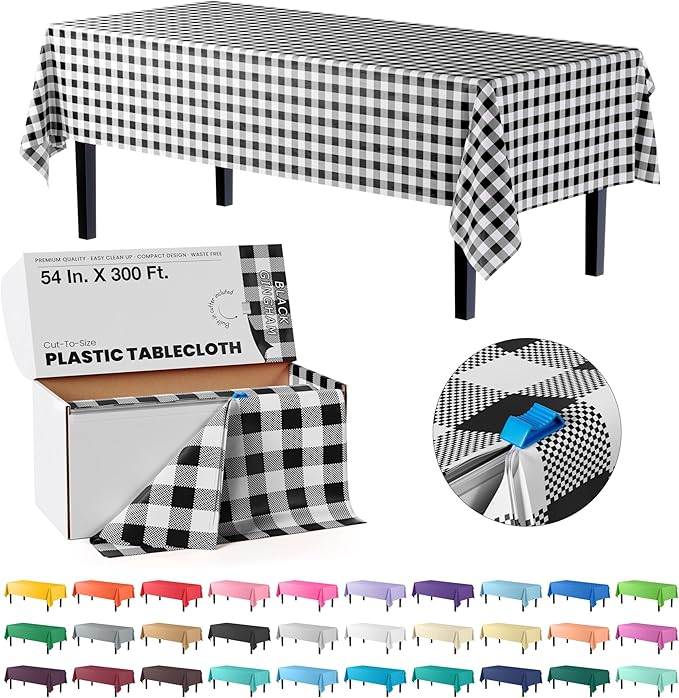 Party Solids 54 Inch X 300 Feet Black Gingham Plastic Table Cover Roll in A Cut - to - Size Box with Convenient Slide Cutter. Cuts Up to 36 Rectangle 8 Feet Plastic Disposable Tablecloths