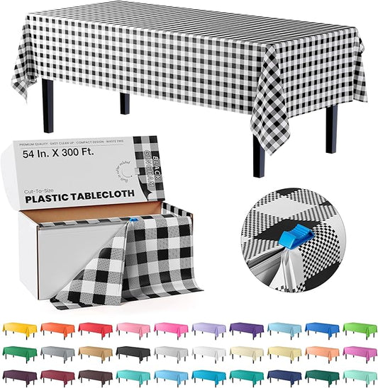 Party Solids 54 Inch X 300 Feet Black Gingham Plastic Table Cover Roll in A Cut - to - Size Box with Convenient Slide Cutter. Cuts Up to 36 Rectangle 8 Feet Plastic Disposable Tablecloths