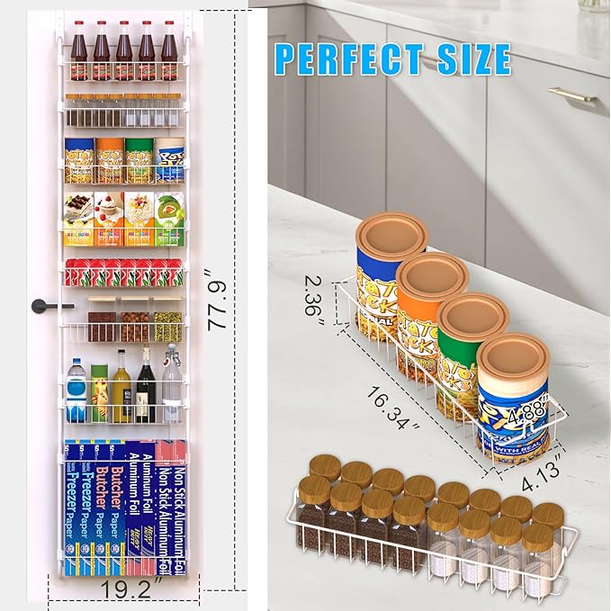 White Over the Door Pantry Organizer 8 Tier, Adjustable Basket Pantry Door Organizer and Storage, Heavy Duty Metal Kitchen Hanging Spice Rack (D5xW19xH50 Inches)
