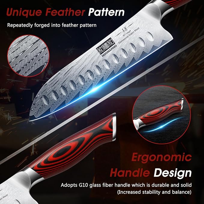 HOSHANHO 3 Pieces Damascus Kitchen Knife Set Ultra-Sharp Knives Set, Professional Chef Knife Set With G10 Ergonomic Handle,Gift Box