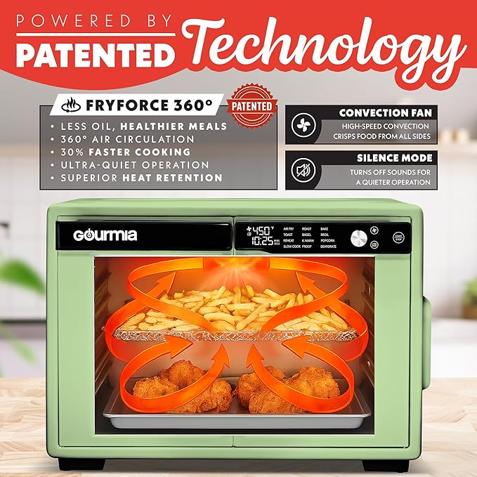 Gourmia French Door Air Fryer Oven - 37 Qt Large Capacity Convection Toaster Oven, FryForce 360°, Digital Display, 12 Cooking Presets, Dehydrate, Fits 13??Pizza, Dishwasher-Safe, Green
