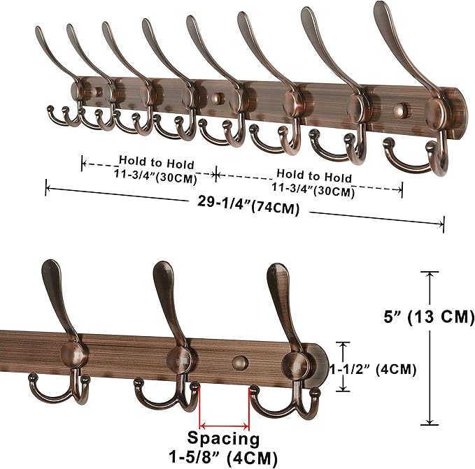 Dseap Coat Rack Wall Mount - 29.5??Long 8-Tri-Hooks Heavy Duty Coat Hanger Rail Wall Hooks for Hanging Coats Hats Clothing Clothes Purse Mudroom Entryway, Red Antique Copper