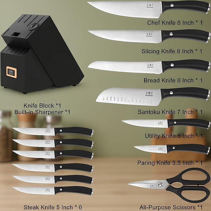Premium Knife Set High Carbon Stainless Steel Forged Sharp Knives Set for Kitchen Rivet Ergonomic Handle Hundreds of Years of Masterful Craftsmanship(Black,15PCS)