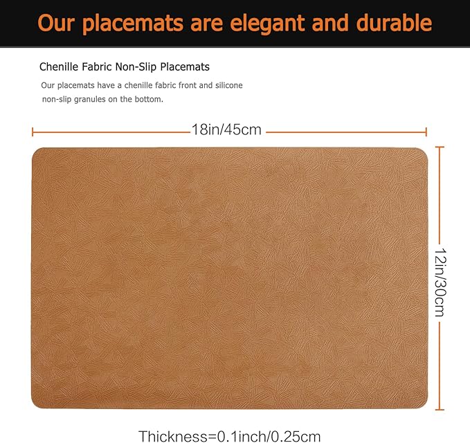 Uolr Vinyl Placemats Set of 12 Faux Leather 100% Waterproof Wipeable Washable Place Mats Heat Resistant Easy Clean Non-Slip Table Mats for Indoor Outdoor. (12, Brown)