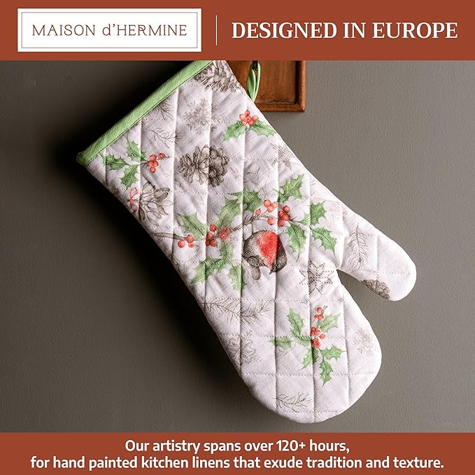 Maison d' Hermine Oven Gloves 100% Cotton Oven Mitt 7" x 13" with Loop Heat Resistant BBQ Cooking Gloves for Thanksgiving Christmas Decorations Baking Handling Hot Pans (Pack of 1, Christmas Dew)