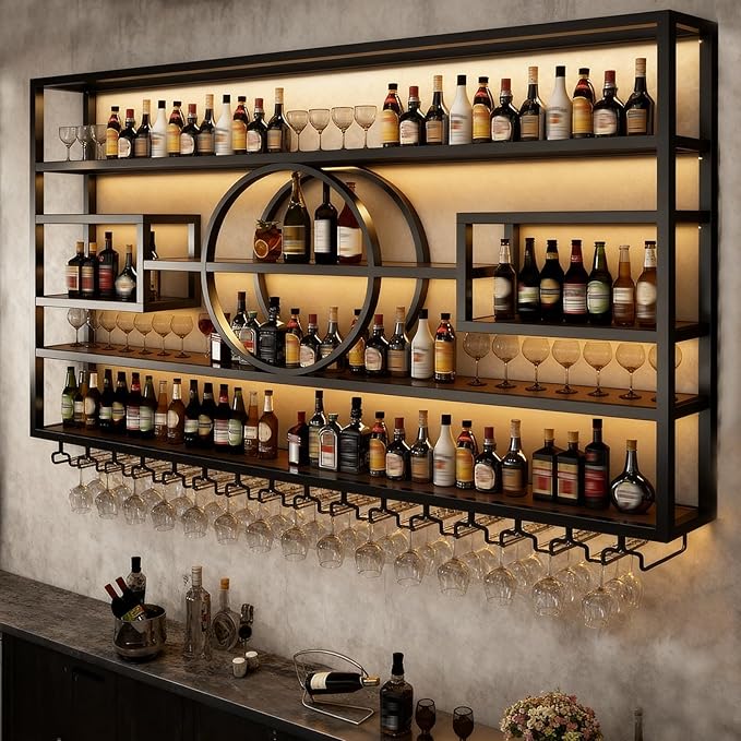 Wall Mounted Wine Rack, Modern Industrial Hanging liquor Bottles Shelves With Wine Glass Holder, Metal Floating Wine Storage Display Shelf, for Bar, Kitchen, Wine Cellar (Black, 240cm/94.5in)