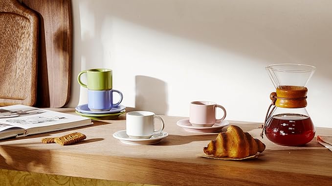 Oak Espresso Cups Set of 4, 3 oz Demitasse Cups, Modern Style, Multi Colors, Microwave & Dishwasher Safe(Pastel)