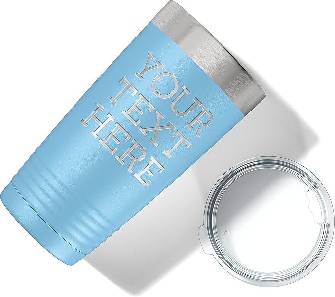 Personalized 20oz (17 Colors) Powder Coated Insulated Stainless Steel Tumbler with Lid, Custom Etched, Customized Text Message Name, Engraved Gift Idea Women Men Him Her, Your Text Here (Light Blue)