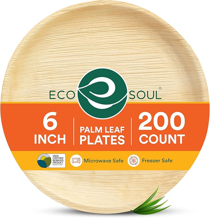 ECO SOUL Palm Leaf Plates 6" Round (200 Count) - Disposable, Eco-Friendly, Biodegradable Bamboo Appetizer Plates - Perfect Dinnerware for Christmas Parties, Weddings, Events & Holidays