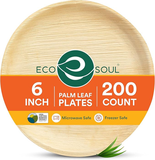 ECO SOUL Palm Leaf Plates 6" Round (200 Count) - Disposable, Eco-Friendly, Biodegradable Bamboo Appetizer Plates - Perfect Dinnerware for Christmas Parties, Weddings, Events & Holidays