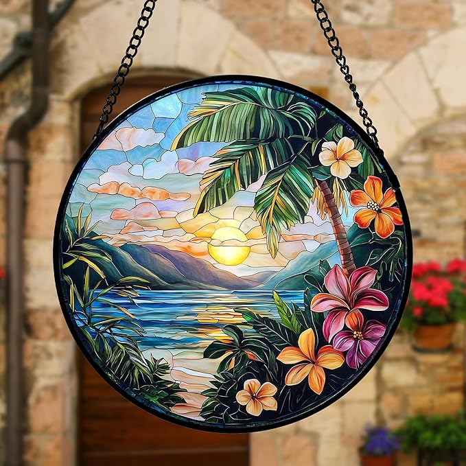 Stained Glass Window Hanging, Colorful Landscape Suncatcher for Doors Home Sun Catchers Decoration and Christmas, Mother's Day Birthday Gifts for Women, Men, and Mom 9.8 in