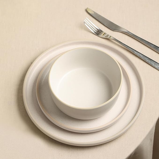 Earth & Clay Amber 12-Piece Dinnerware Set Stoneware, Dishwasher and Microwave Safe Plates and Bowls Set, Dish Set for 4, White Speckled