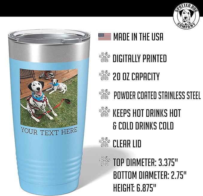 Personalized 20oz (17 Colors) Photo Picture Printed Insulated Stainless Steel Powder Coated Tumbler with Lid ??Customized Mother's Day Gift Gift for Him, Custom Coach Gifts Team Mom Dad (Light Blue)