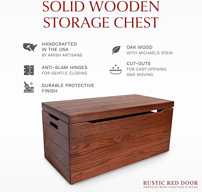 Hope Woodworking Amish Made Wooden Storage Chest Trunk Box with Lid and Handles for Bedroolanket, Clothes, Anti-Slam Hinges, Handmade, Rustic, Oak Wood, Michaels Stain, 42"