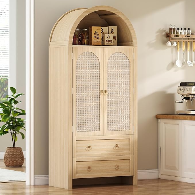 71" Arched Cabinet Kitchen Pantry Cabinet with Rattan Doors, Storage Cabinet with Drawers & Height Adjustable Shelves, Hutch Cabint with Storage, Tall Arched Bookcase for Dining Room Kitchen, Natural