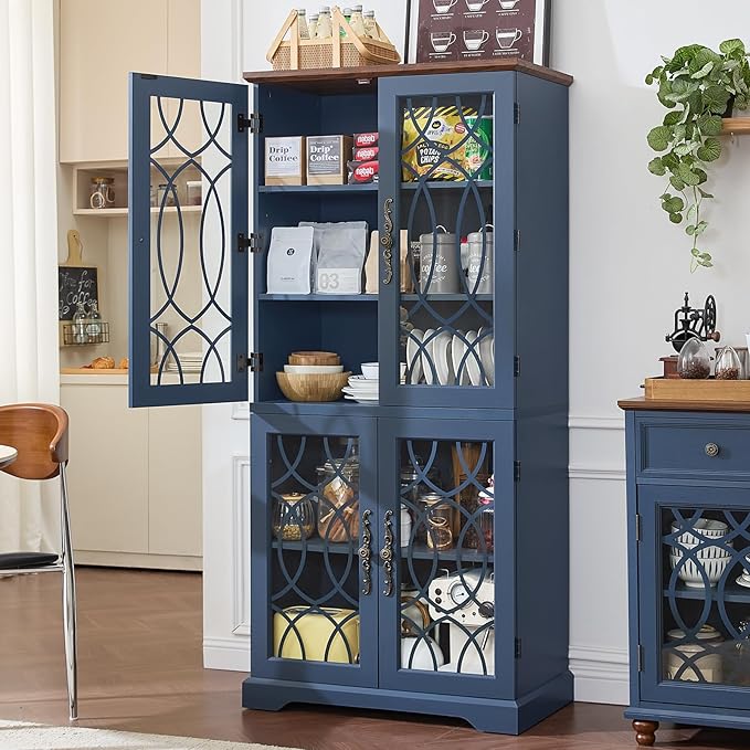 67" Tall Pantry Cabinet Set of 2, Vintage Kitchen Pantries Cabinets with Glass Doors & Adjustable Shelves, Wood Cupboard with Large Storage for Dingning Room, Bathroom, Navy Blue