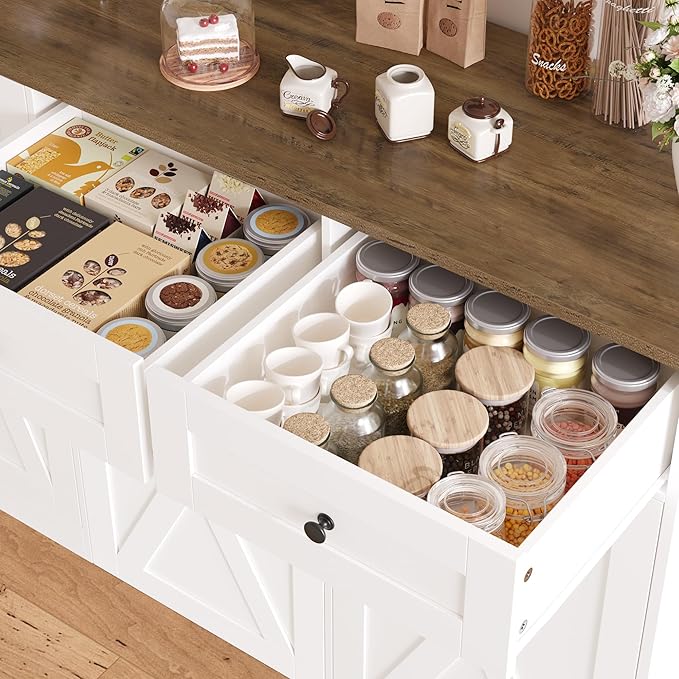 HOSTACK 71"H Kitchen Trash Can Cabinet, 12.5 Gallon Double Pull Out Garbage Can Hutch Cabinet with Trash Bin Storage Holders, 47" Wide Kitchen Pantry with Hidden Garbage Storage for Dining Room, White
