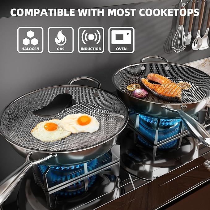 Wok pan,Hybrid 13 inch Deep Fry Wok with Lid, Nonstick Wok with Stay-Cool Handle, Compatible with All Cooktops Including Induction, Stir Fry Pans with Round Bottom (LO9)