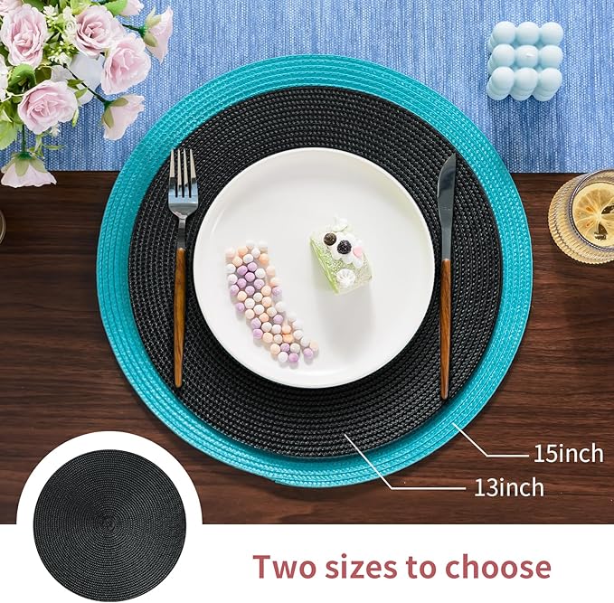 FunWheat Round Braided Placemats Set of 4 Place Mats for Dining Tables Woven Washable Non-Slip Table mats Small 13 inch(S Black, 4pcs)