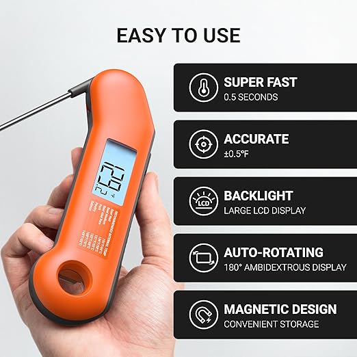Professional Meat Thermometer Digital, Ultra-Fast 0.5 Sec Instant Read, NIST Certified 짹0.5째F Accuracy, IP67 Waterproof, Auto-Rotating Backlit Display, Lift-to-Wake, for BBQ/Candy, Orange&Gray