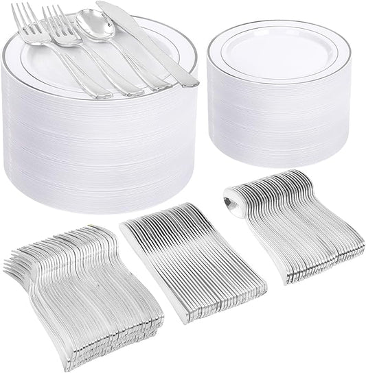 I00000 600pcs Silver Dinnerware Set for 100 Guests, Silver Plastic Plates Plastic Silverware Set of 100 Dinner Plates, 100 Salad Plates, 200 Forks, 100 Spoons,100 Knives for Party & Wedding