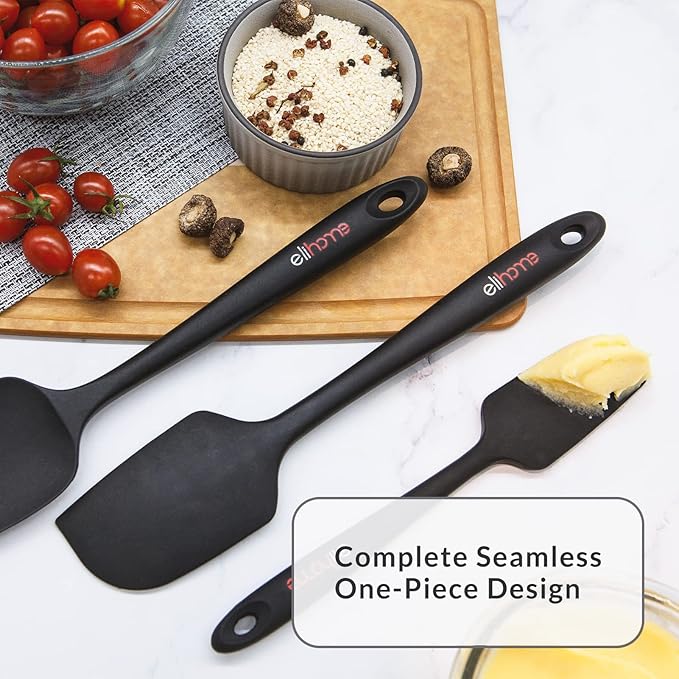 Elihome Chef Series 3 Piece Silicone Spatula Set - 600째F Heat Resistant Non Stick Rubber Kitchen Scraper Spatulas for Cooking, Baking, Mixing ??BPA Free and LFGB Certified Silicone(Black)