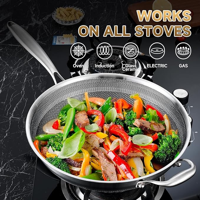 LOLYKITCH 14.5 Inch Nonstick Tri-Ply Stainless Steel Wok with Steel Lid, Large Flat Bottom Stir Fry Pan for Induction, Gas & Electric - PFOA Free, Dishwasher & Oven Safe, Detachable Handle